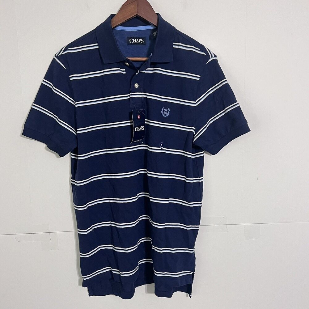 Chaps Mens Polo Shirt Size S Blue Striped Short Sleeve Button Up Embroidered